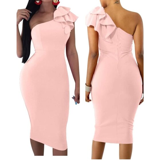 MOKORU Women Sexy Ruffle One Shoulder Bodycon Party Midi Dress Sz M Pink Lined - Picture 1 of 10